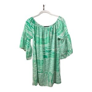 ORANGE CARAMEL Green & White Bell Sleeves Boho Flowy Dress Tunic Size S